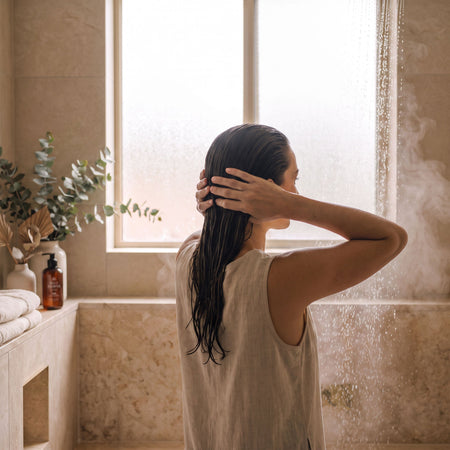 A woman with her hair swept back massages shampoo into her scalp in a calm, naturally lit bathroom, with a bottle of Bathe to Basics Basic Shampoo beside a folded towel