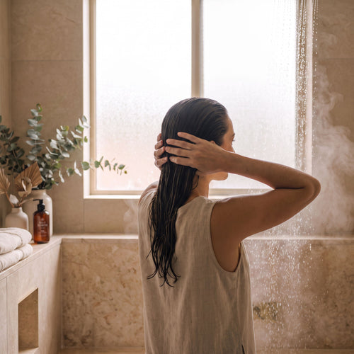 A woman with her hair swept back massages shampoo into her scalp in a calm, naturally lit bathroom, with a bottle of Bathe to Basics Basic Shampoo beside a folded towel