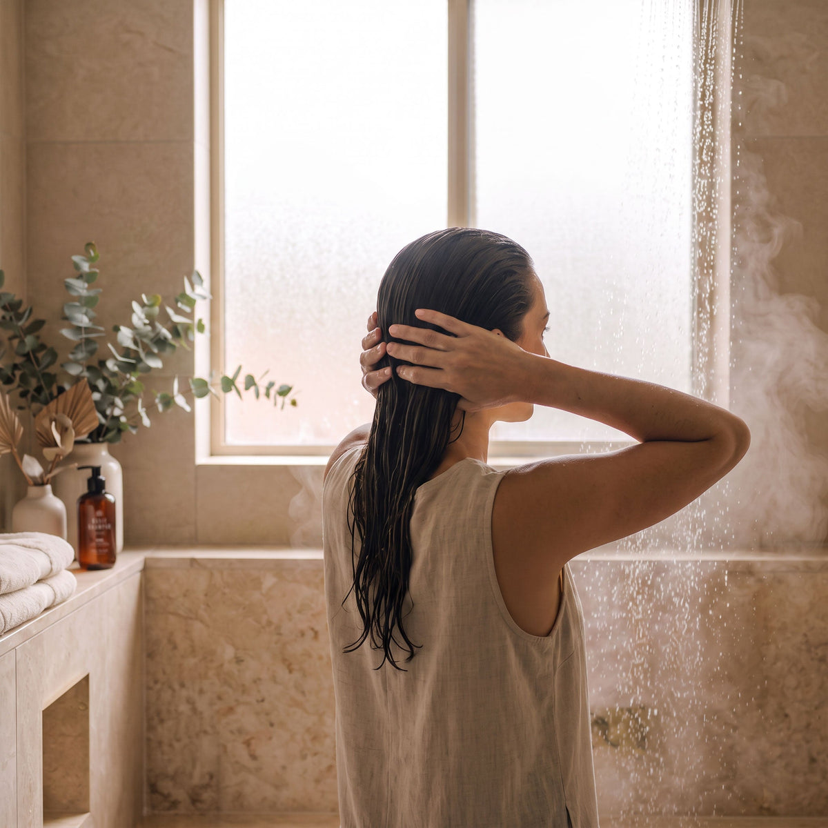 A woman with her hair swept back massages shampoo into her scalp in a calm, naturally lit bathroom, with a bottle of Bathe to Basics Basic Shampoo beside a folded towel