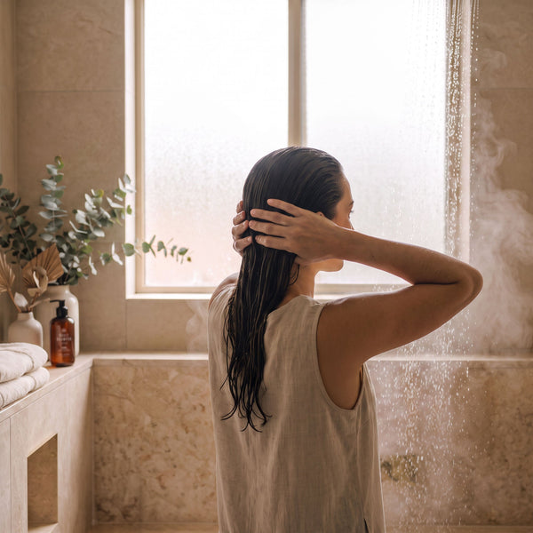 A woman with her hair swept back massages shampoo into her scalp in a calm, naturally lit bathroom, with a bottle of Bathe to Basics Basic Shampoo beside a folded towel