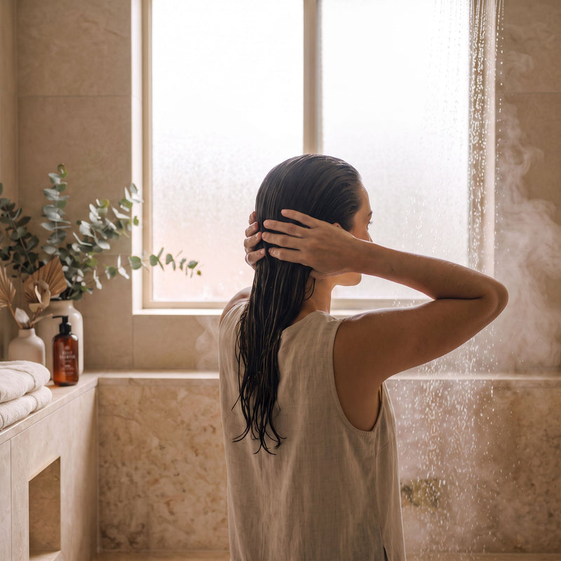 A woman with her hair swept back massages shampoo into her scalp in a calm, naturally lit bathroom, with a bottle of Bathe to Basics Basic Shampoo beside a folded towel